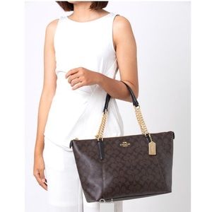 Coach Brown Signature Coated Canvas AVA Chain Tote NEW